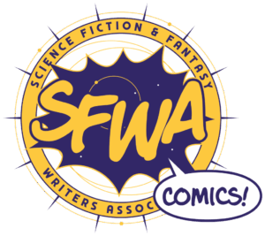 A SFWA comics logo; SFWA in gold letters on a purple explody background, inside a gold circle. A dialogue bubble says COMICS!