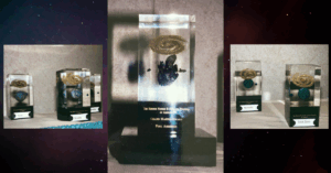 Several Nebula Awards trophies displayed before being awarded at the 1998 Nebula Awards banquet held in Santa Fe, New Mexico. Photos by Michael Armstrong.