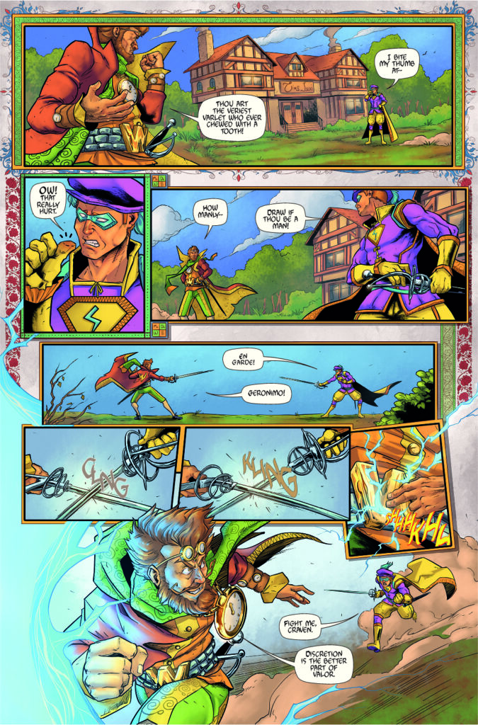 The page comes from a story illustrated by Evan Scale. It follows Mr. Stupendous as he battles Doctor When, a villain who can travel through time. The story was published in Creator Connection, Panel 2 (Comic Book School). Evan won the 2021 Independent Creator Award for Sequential Layout for this page.