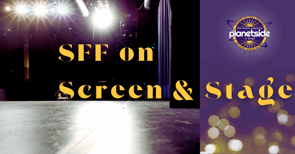 Featured image for the series SFF on Screen and Stage, showing an empty stage, with Planetside logo